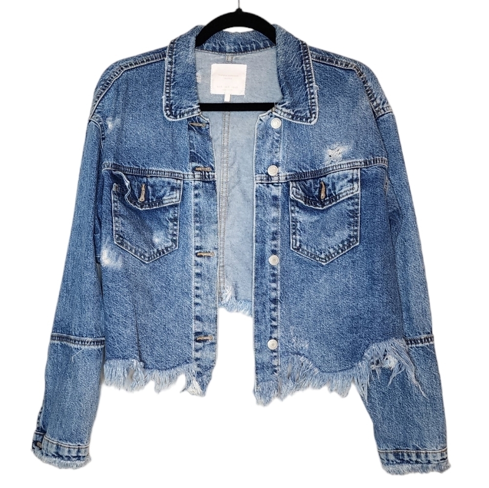 Zara Freyed Hem Distressed Denim Blue Jean Jacket Size Small Hi-Low Crop